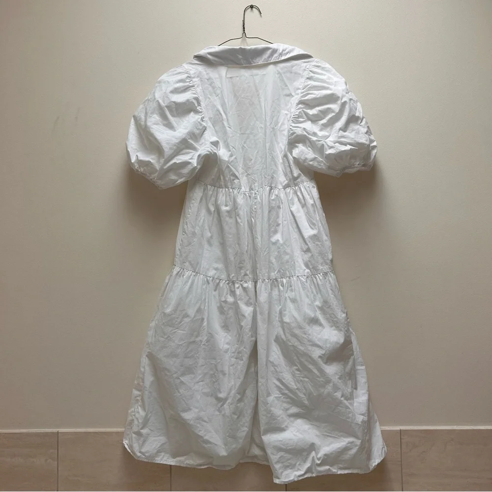 Anthropologie Amadi White Summer Tiered Midi Shirt Dress with Puff Sleeves - Picture 4 of 4